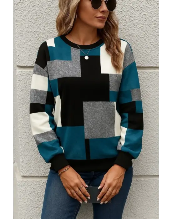 Kadın Uzun Kollu Bisiklet Yaka Renkli Blok Baskı Dalgıç Bluz