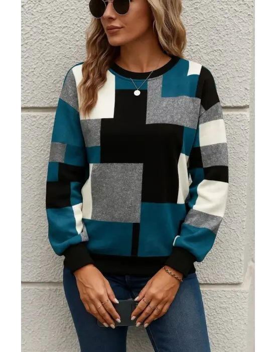 Kadın Uzun Kollu Bisiklet Yaka Renkli Blok Baskı Dalgıç Bluz