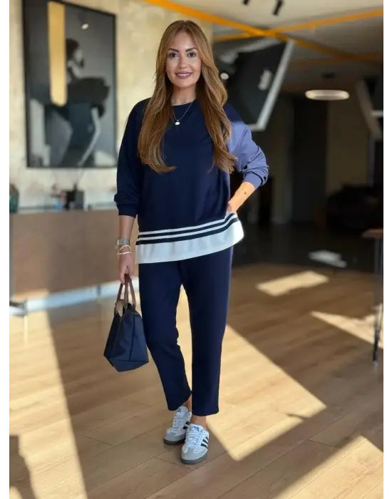 Kadın Uzun Kollu Bisiklet Yaka Ribana Detay Sweat Ve Pantolon Ikili Takım