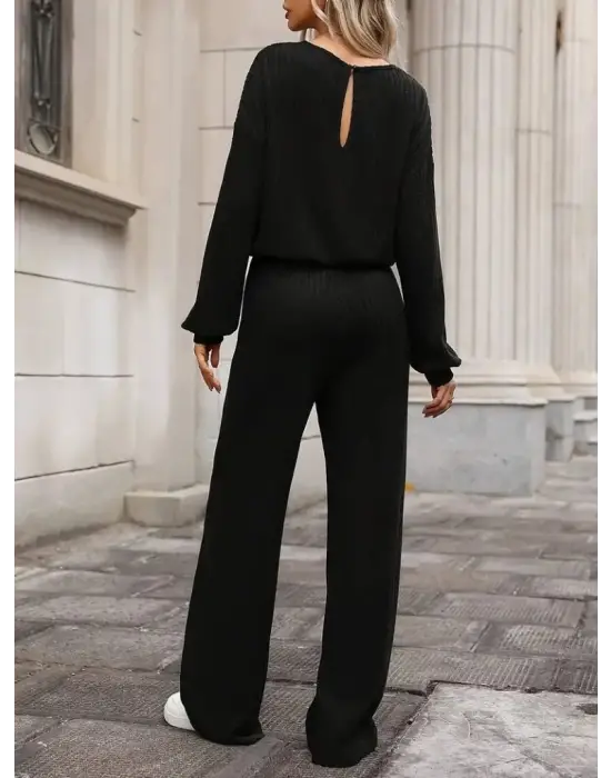 Kadın Uzun Kollu Bisiklet Yaka şardonlu Dalgıç Bluz Ve Pantolon Ikili Takım