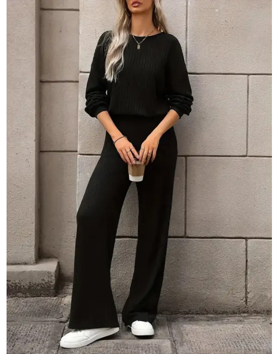 Kadın Uzun Kollu Bisiklet Yaka şardonlu Dalgıç Bluz Ve Pantolon Ikili Takım