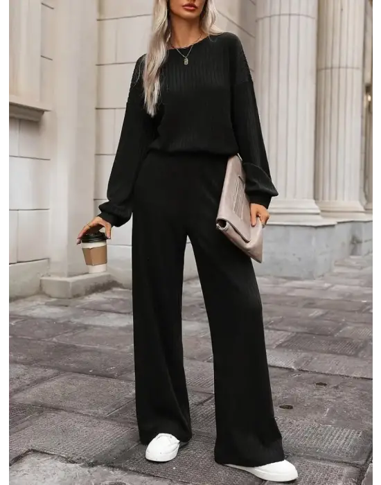 Kadın Uzun Kollu Bisiklet Yaka şardonlu Dalgıç Bluz Ve Pantolon Ikili Takım
