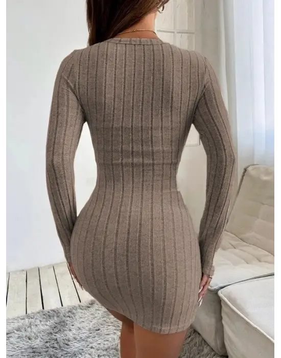 Kadın Uzun Kollu Bisiklet Yaka şardonlu Kalın Fitilli Kaşkorse Mini Boy Elbise