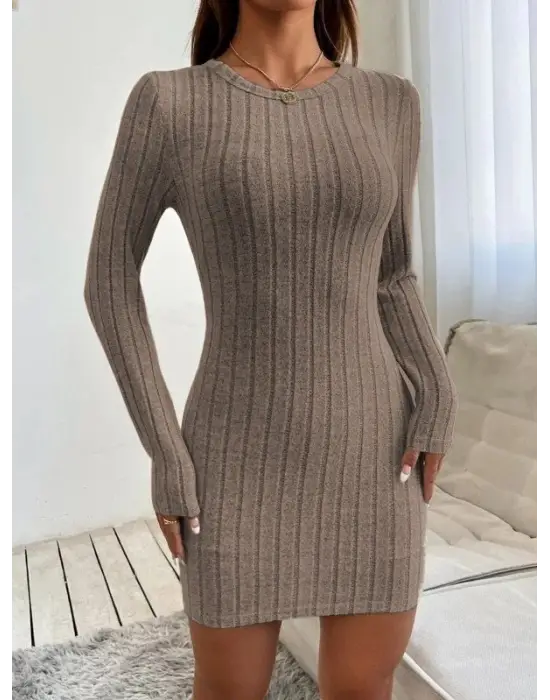 Kadın Uzun Kollu Bisiklet Yaka şardonlu Kalın Fitilli Kaşkorse Mini Boy Elbise