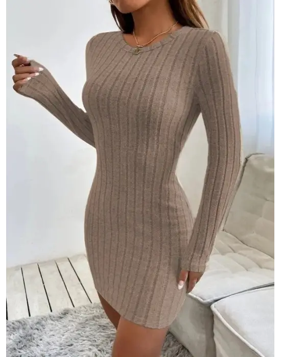 Kadın Uzun Kollu Bisiklet Yaka şardonlu Kalın Fitilli Kaşkorse Mini Boy Elbise