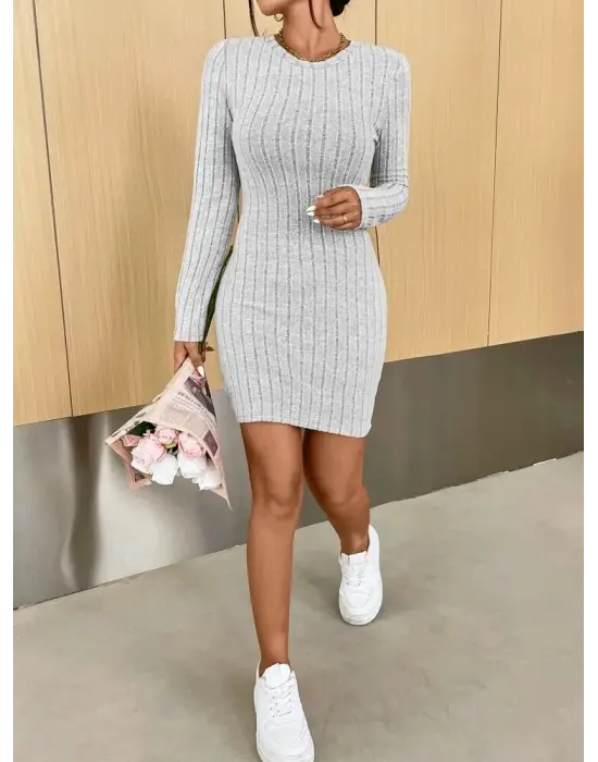 Kadın Uzun Kollu Bisiklet Yaka şardonlu Kalın Fitilli Kaşkorse Mini Boy Elbise