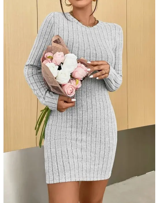 Kadın Uzun Kollu Bisiklet Yaka şardonlu Kalın Fitilli Kaşkorse Mini Boy Elbise