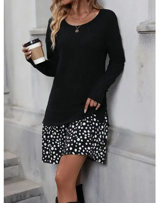 Kadın Uzun Kollu Bisiklet Yaka şardonlu Kaşkorse Bluz Ve Süprem Etek Elbise