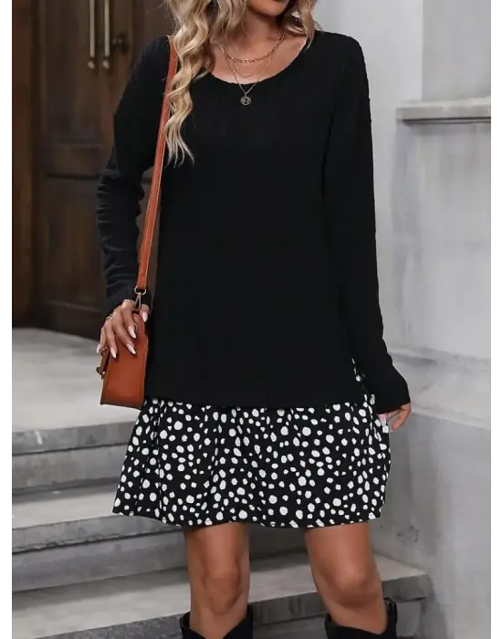 Kadın Uzun Kollu Bisiklet Yaka şardonlu Kaşkorse Bluz Ve Süprem Etek Elbise