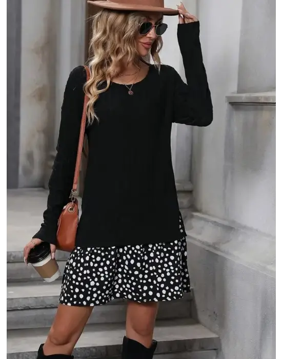 Kadın Uzun Kollu Bisiklet Yaka şardonlu Kaşkorse Bluz Ve Süprem Etek Elbise