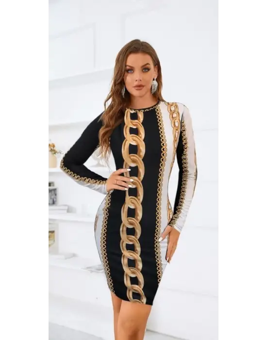 Kadın Uzun Kollu Bisiklet Yaka   Midi Boy Elbise