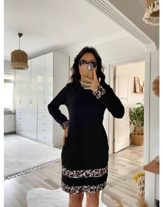 Trend Bisiklet Yaka Leopar Desenli Elbise