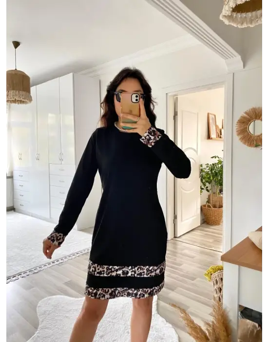 Trend Bisiklet Yaka Leopar Desenli Elbise