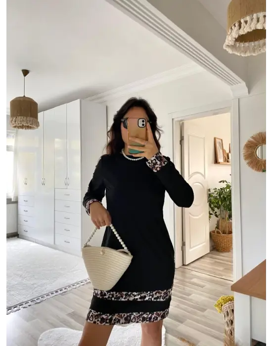 Trend Bisiklet Yaka Leopar Desenli Elbise