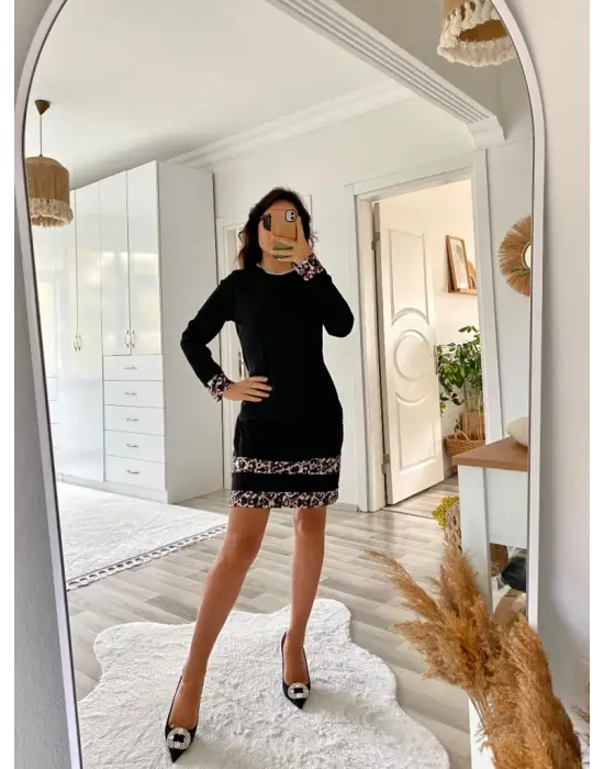 Trend Bisiklet Yaka Leopar Desenli Elbise