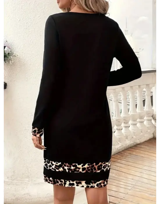 Trend Bisiklet Yaka Leopar Desenli Elbise