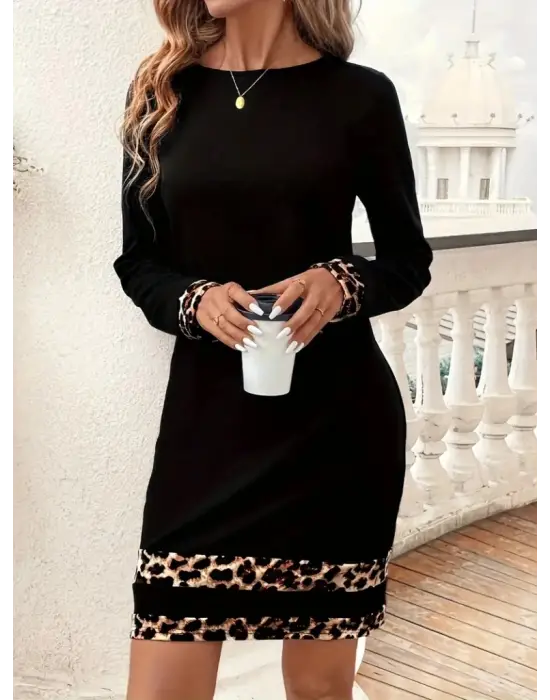 Trend Bisiklet Yaka Leopar Desenli Elbise