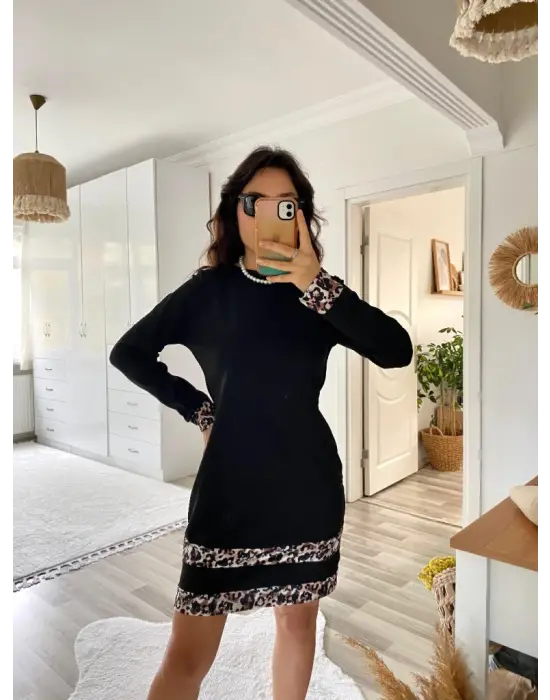 Trend Bisiklet Yaka Leopar Desenli Elbise