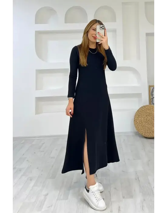 Kadın Uzun Kollu Bisiklet Yaka Size Kadar Yırtmaç Detay Maxi Boy Elbise