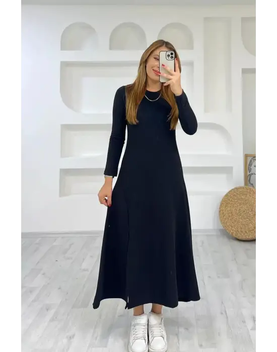 Kadın Uzun Kollu Bisiklet Yaka Size Kadar Yırtmaç Detay Maxi Boy Elbise