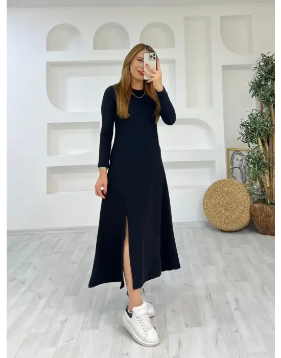 Kadın Uzun Kollu Bisiklet Yaka Size Kadar Yırtmaç Detay Maxi Boy Elbise