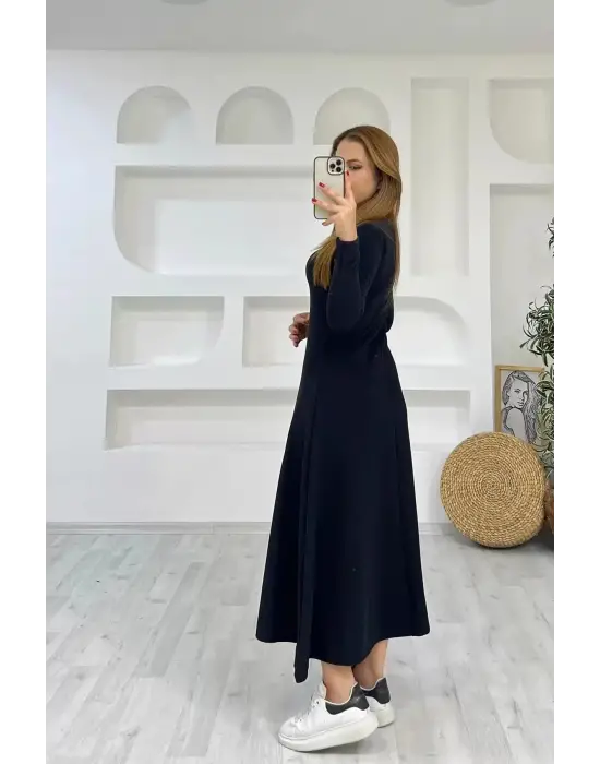 Kadın Uzun Kollu Bisiklet Yaka Size Kadar Yırtmaç Detay Maxi Boy Elbise