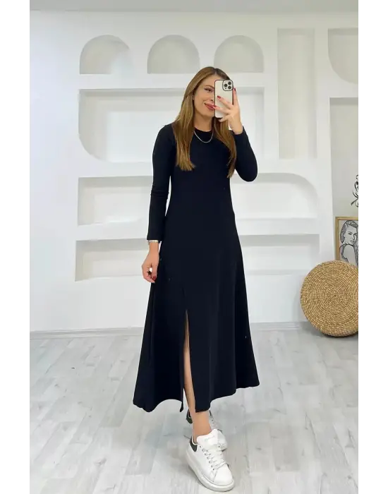 Kadın Uzun Kollu Bisiklet Yaka Size Kadar Yırtmaç Detay Maxi Boy Elbise