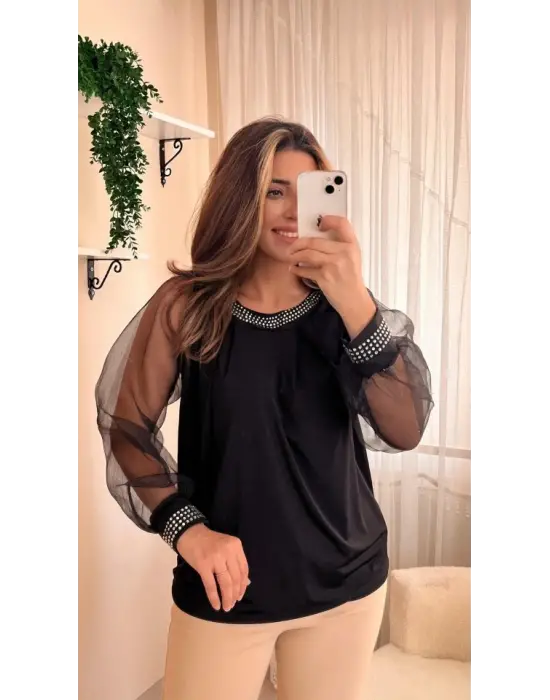 Kadın Uzun Kollu Bisiklet Yaka Taşlı Kol Tül Detaylı Sandy Bluz