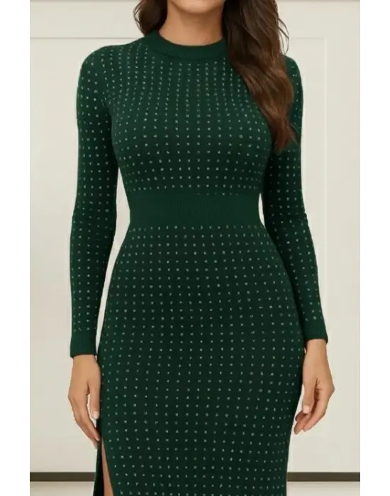 Kadın Uzun Kollu Bisiklet Yaka Taşlı Midi Kadife Elbise