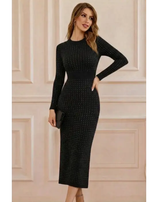 Çarpıcı Taşlı Midi Kadife Elbise