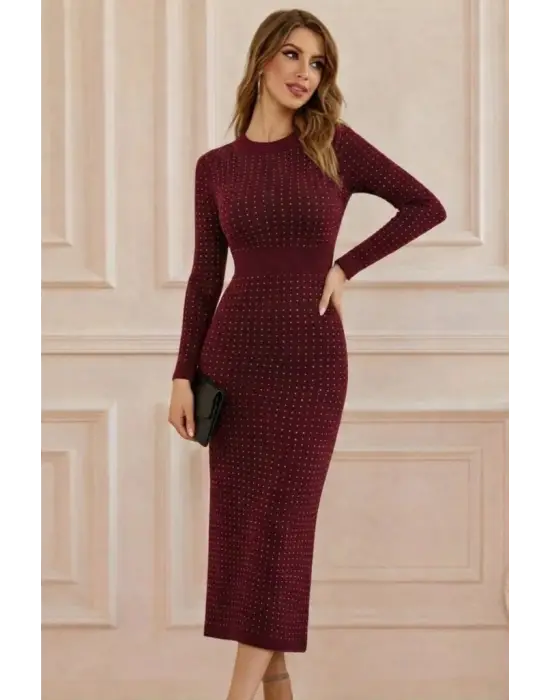 Çarpıcı Taşlı Midi Kadife Elbise