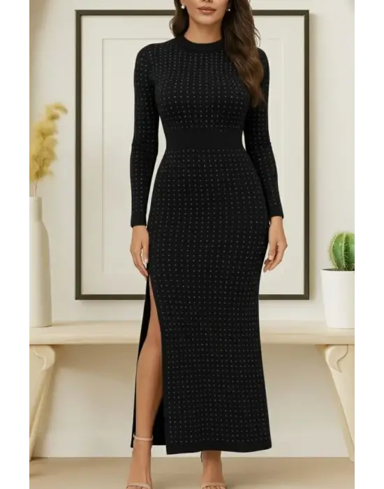 Kadın Uzun Kollu Bisiklet Yaka Taşlı Midi Kadife Elbise