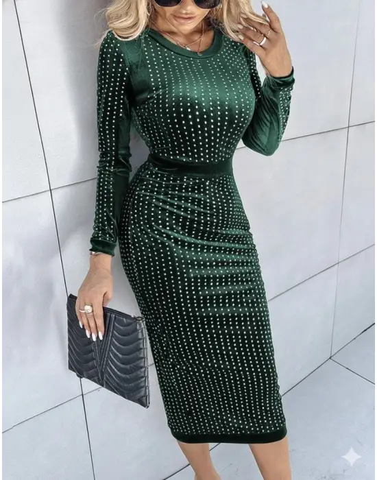 Kadın Uzun Kollu Bisiklet Yaka Taşlı Midi Kadife Elbise