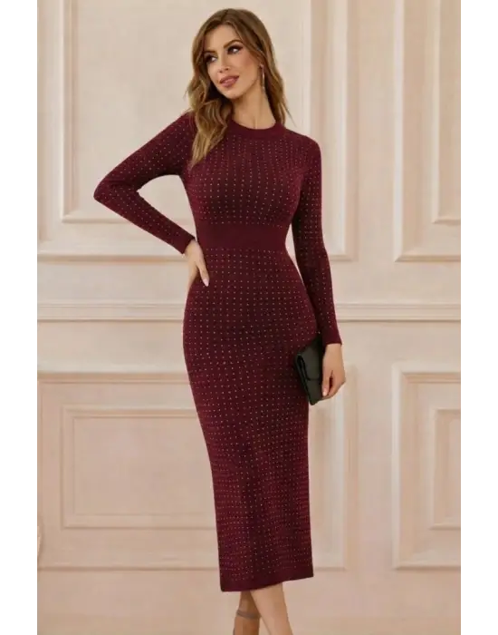 Çarpıcı Taşlı Midi Kadife Elbise