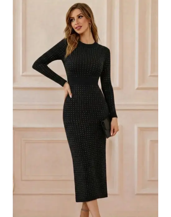 Çarpıcı Taşlı Midi Kadife Elbise