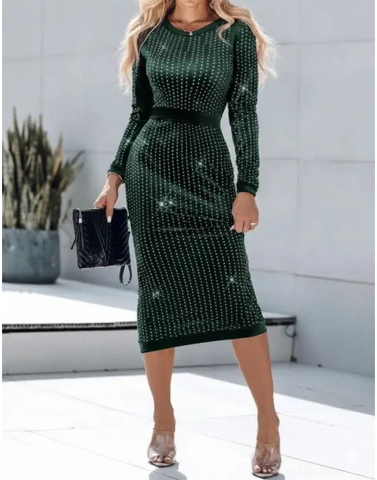 Kadın Uzun Kollu Bisiklet Yaka Taşlı Midi Kadife Elbise