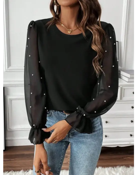 Kadın Uzun Kollu Bisiklet Yaka Tül Detaylı Incili Ithal Krep Bluz