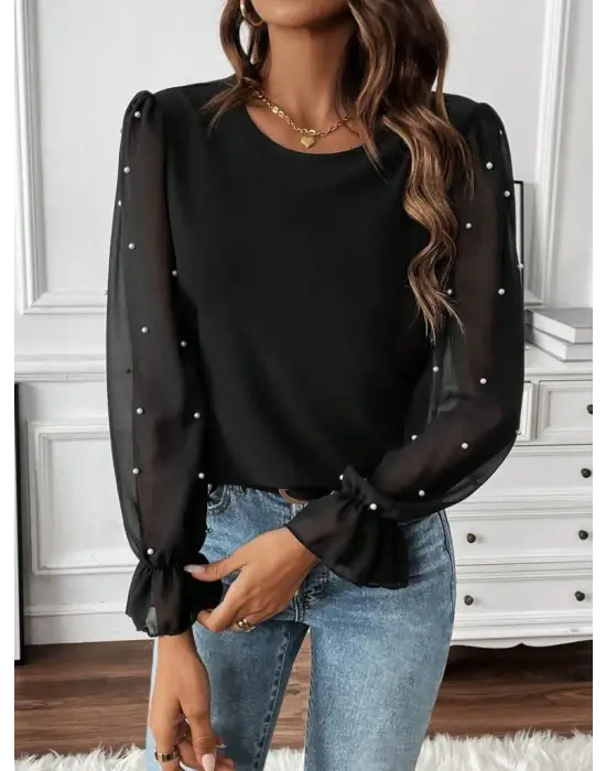 Kadın Uzun Kollu Bisiklet Yaka Tül Detaylı Incili Ithal Krep Bluz