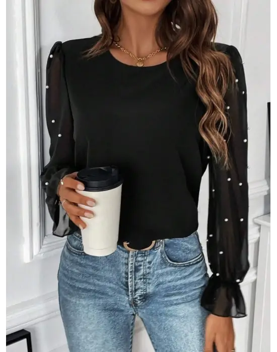 Kadın Uzun Kollu Bisiklet Yaka Tül Detaylı Incili Ithal Krep Bluz