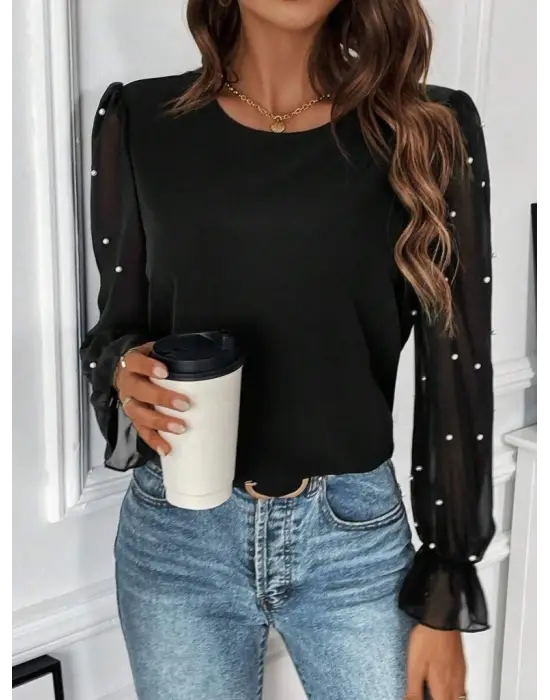 Kadın Uzun Kollu Bisiklet Yaka Tül Detaylı Incili Ithal Krep Bluz