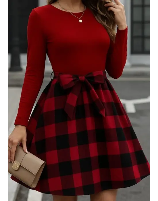 Kadın Uzun Kollu Bisiklet Yaka üst Viskon Alt Ekose Kısa Elbise