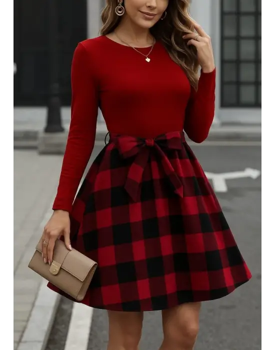 Kadın Uzun Kollu Bisiklet Yaka üst Viskon Alt Ekose Kısa Elbise