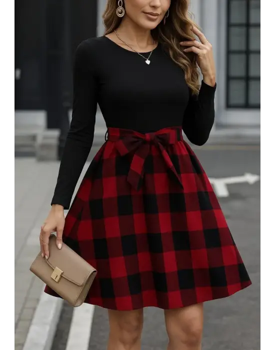 Kadın Uzun Kollu Bisiklet Yaka üst Viskon Alt Ekose Kısa Elbise