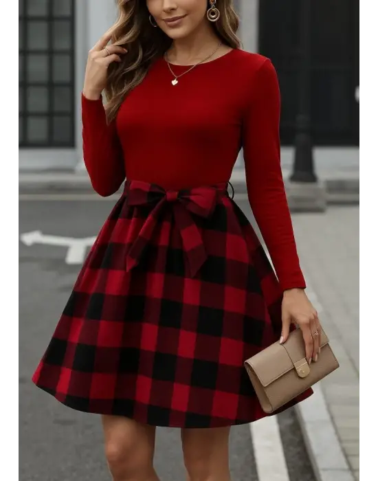 Kadın Uzun Kollu Bisiklet Yaka üst Viskon Alt Ekose Kısa Elbise