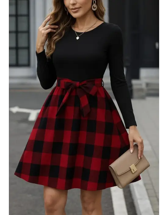 Kadın Uzun Kollu Bisiklet Yaka üst Viskon Alt Ekose Kısa Elbise