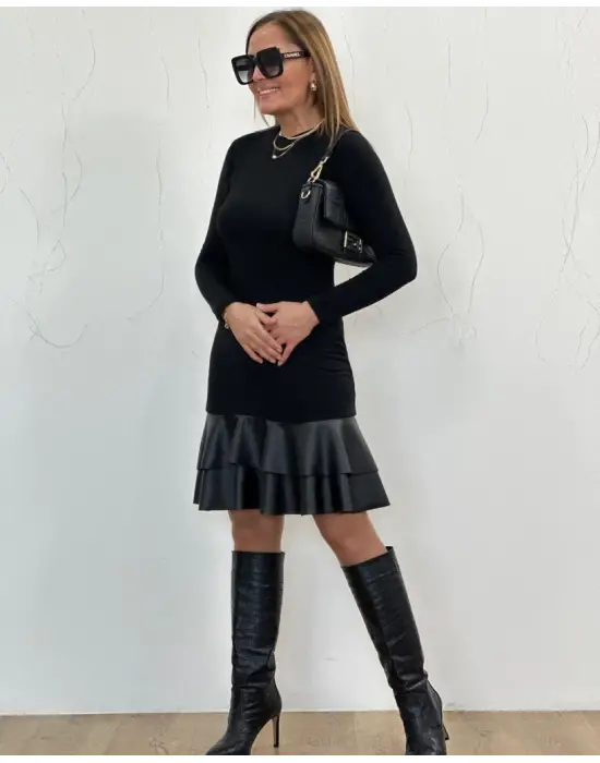 Kadın Uzun Kollu Bisiklet Yaka üst Viskon Etek Ucu Deri Kısa Elbise