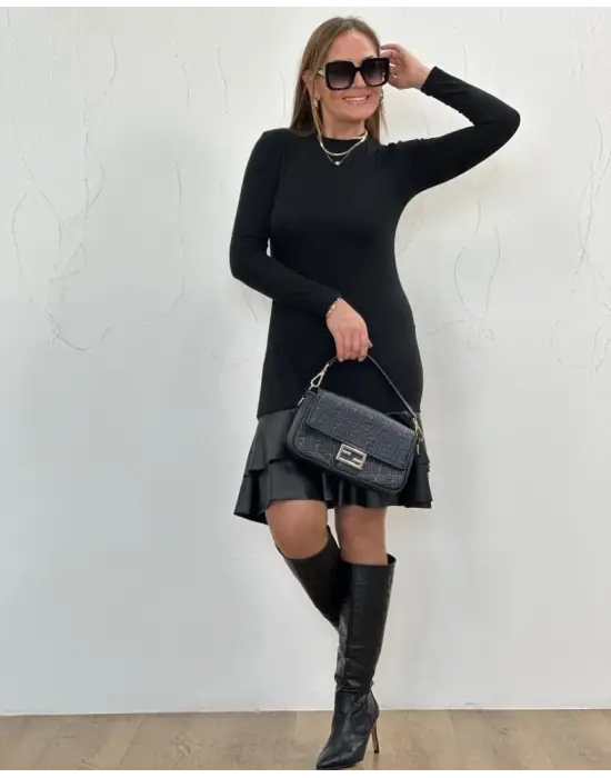 Kadın Uzun Kollu Bisiklet Yaka üst Viskon Etek Ucu Deri Kısa Elbise