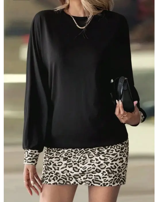 Kadın Uzun Kollu Bisiklet Yaka üst Viskon Iki Iplik Alt Leopar Desenli Mini Elbise