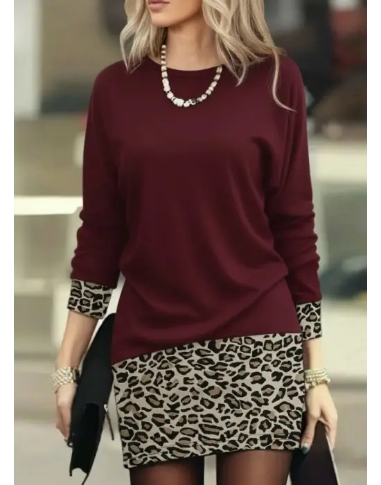 Modern Bisiklet Yaka Viskon Leopard Desenli Elbise