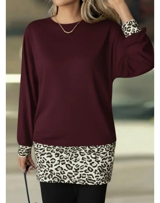 Modern Bisiklet Yaka Viskon Leopard Desenli Elbise